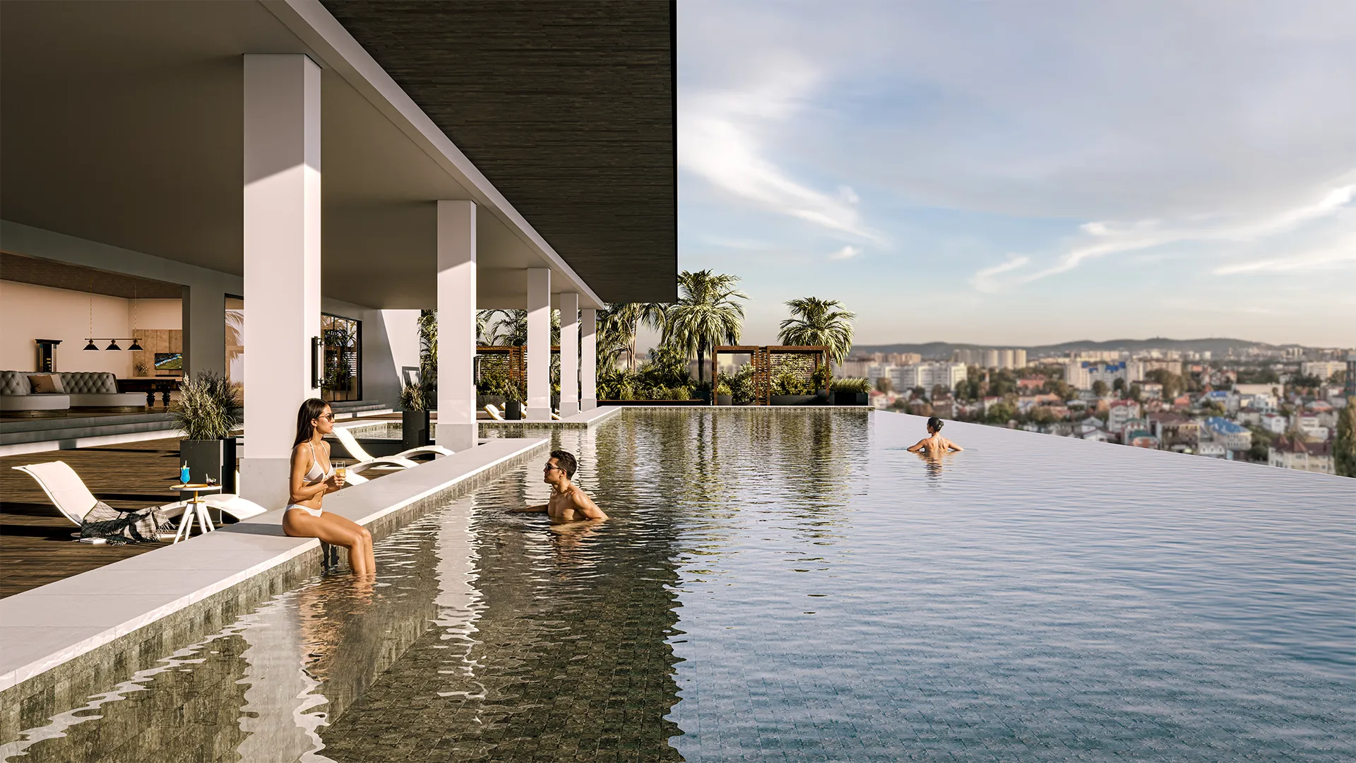 Render fotorrealista de piscina em condomínio residencial