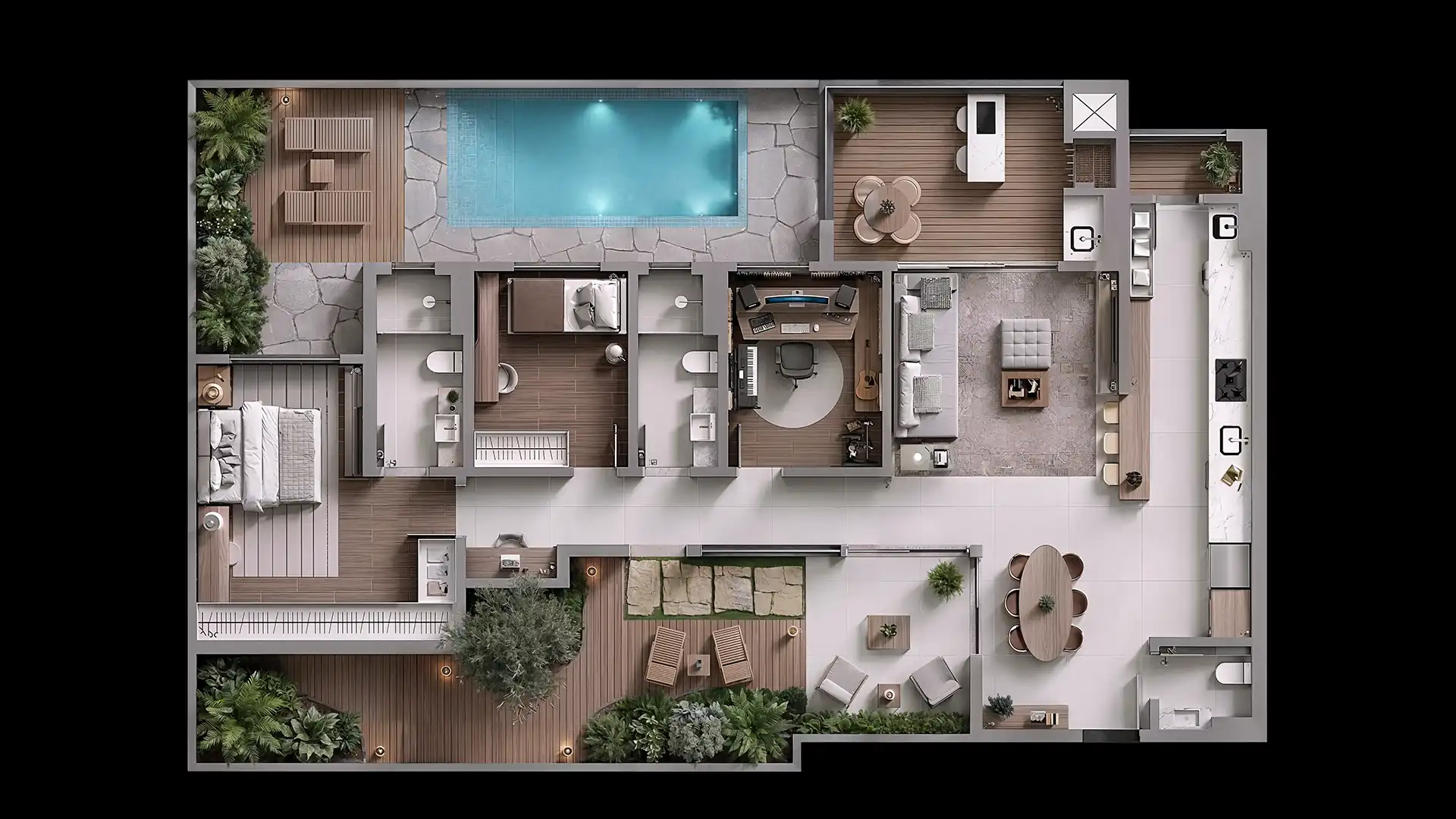 Planta humanizada em vista superior com mobiliário e paisagismo